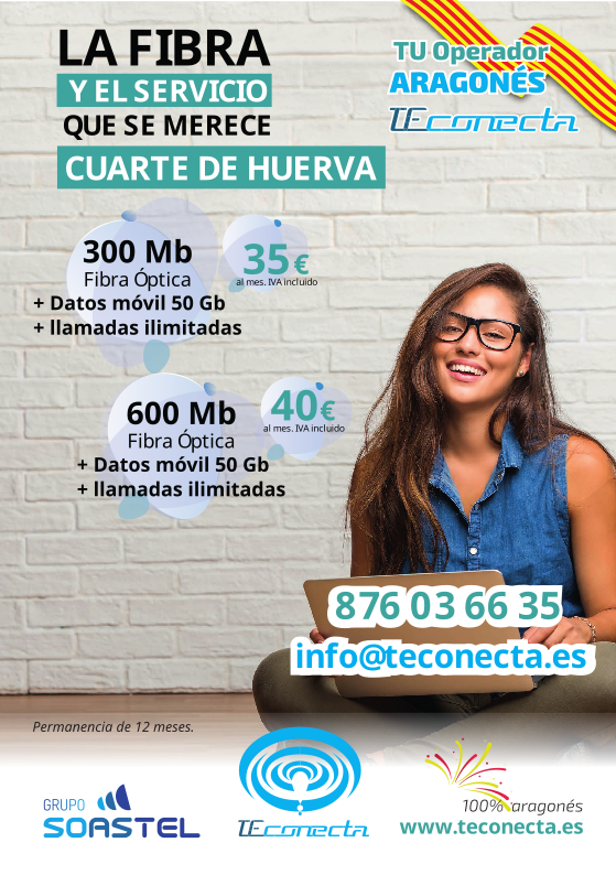 Tarifas Fibra Óptica Cuarte de Huerva, 150Mb por 30€ al mes o 500Mb por 36€ al mes (IVA incluido)