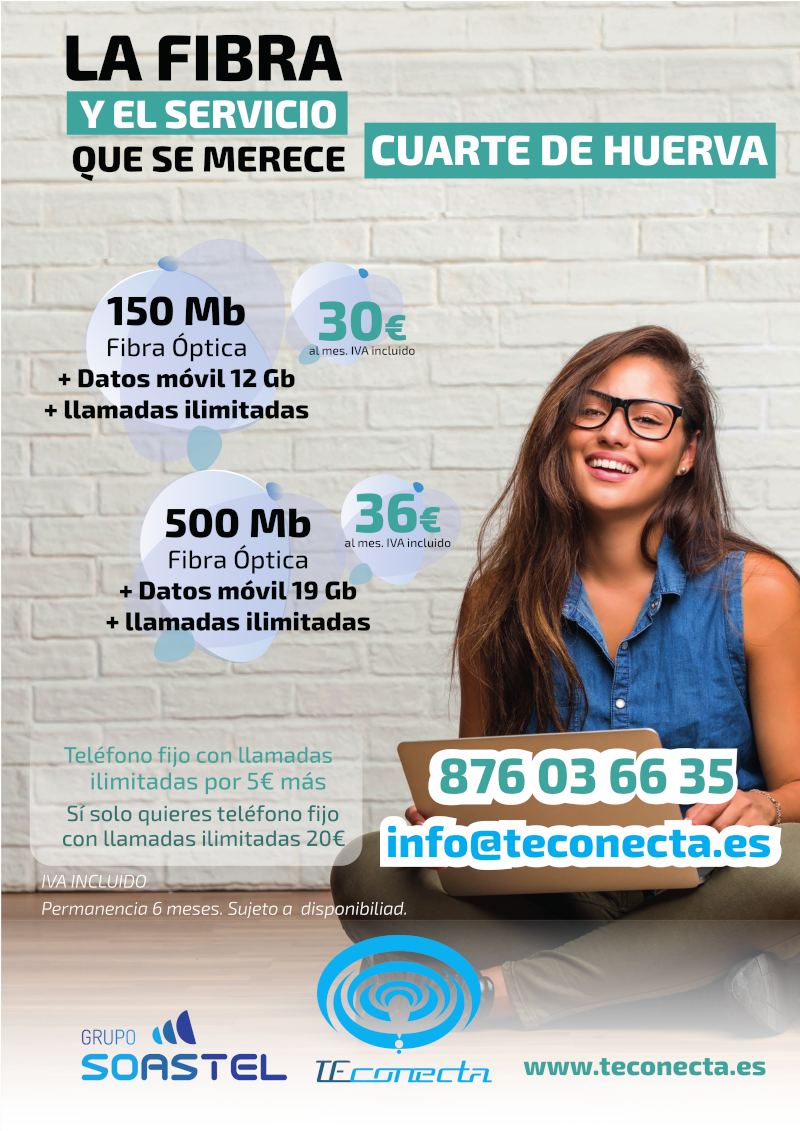 Tarifas Fibra Óptica Cuarte de Huerva, 150Mb por 30€ al mes o 500Mb por 36€ al mes (IVA incluido)